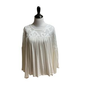 Liz Claiborne Women's Size XL Boho Crochet Tunic Top Flowy Flutter Sleeve Cream